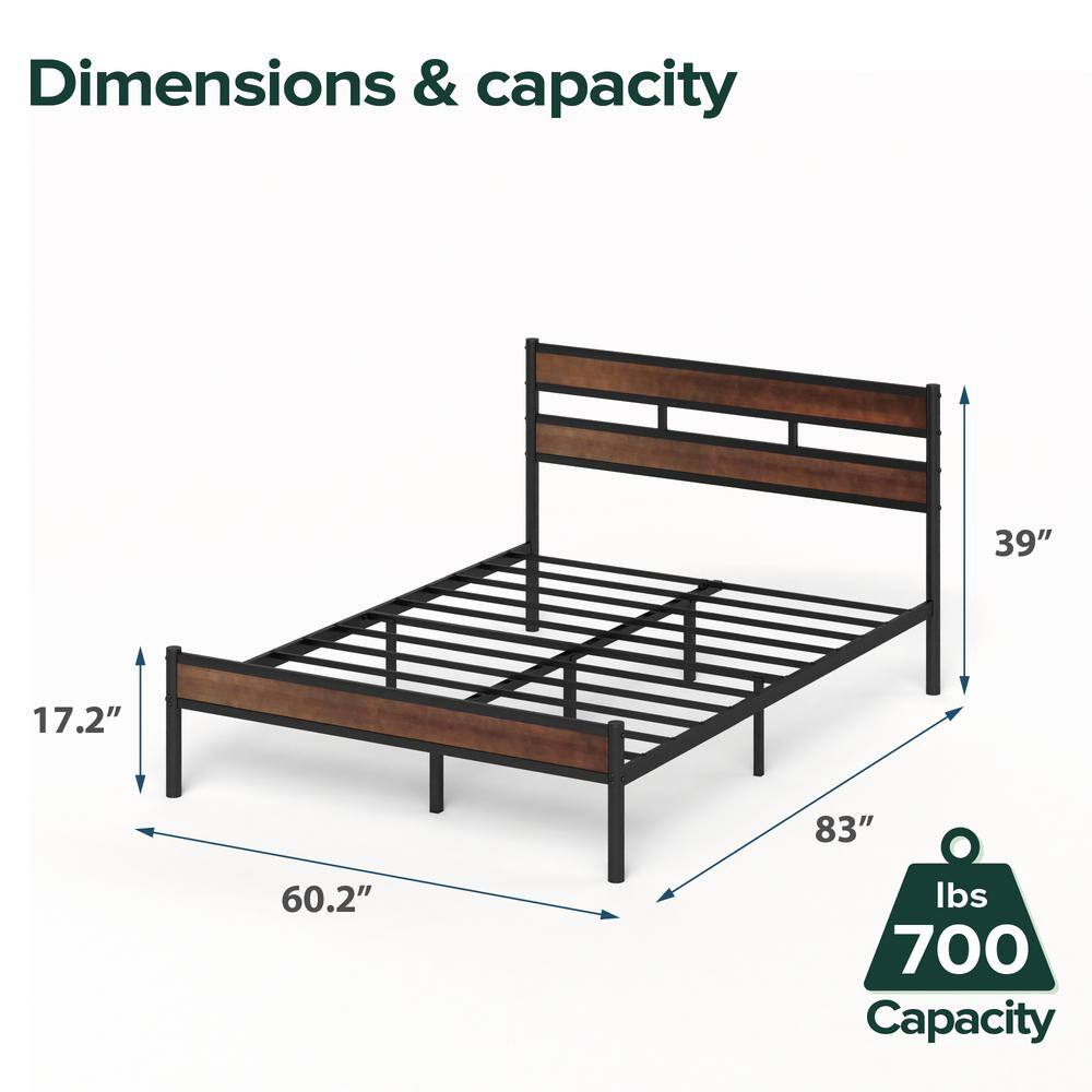 Queen Brown Bamboo and Black Metal Platform Bed Frame with Slatted Headboard