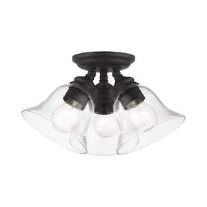 Moreland 14.5 in. 3-Light Black Large Semi-Flush Mount with Hand Blown Clear Glass