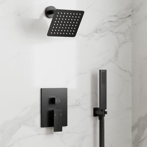 6 in. Wall Mount Square 1-Handle 2-Spray Dual Fixed and Handheld Shower Head 2.5 GPM in Matte Black Valve Included