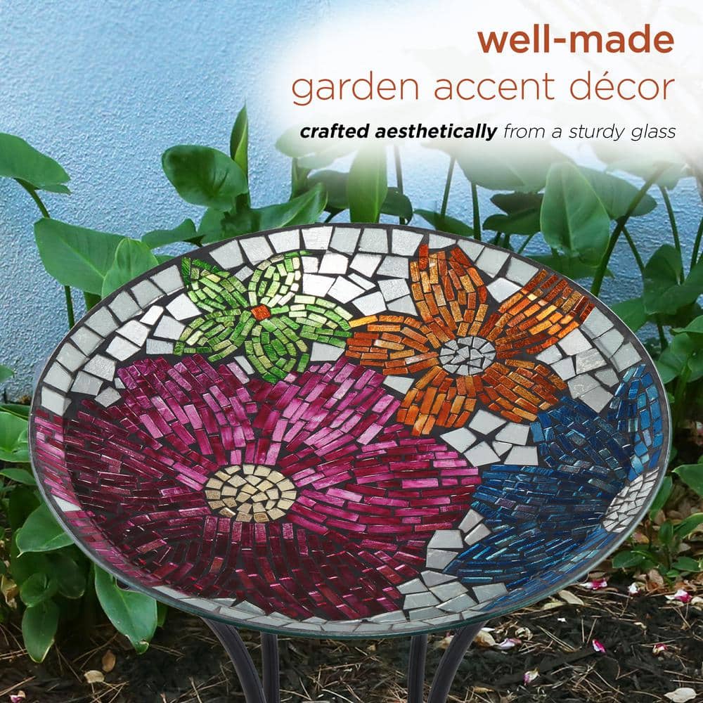 Alpine 18" Multicolor Mosaic Glass Bird Bath with Stand