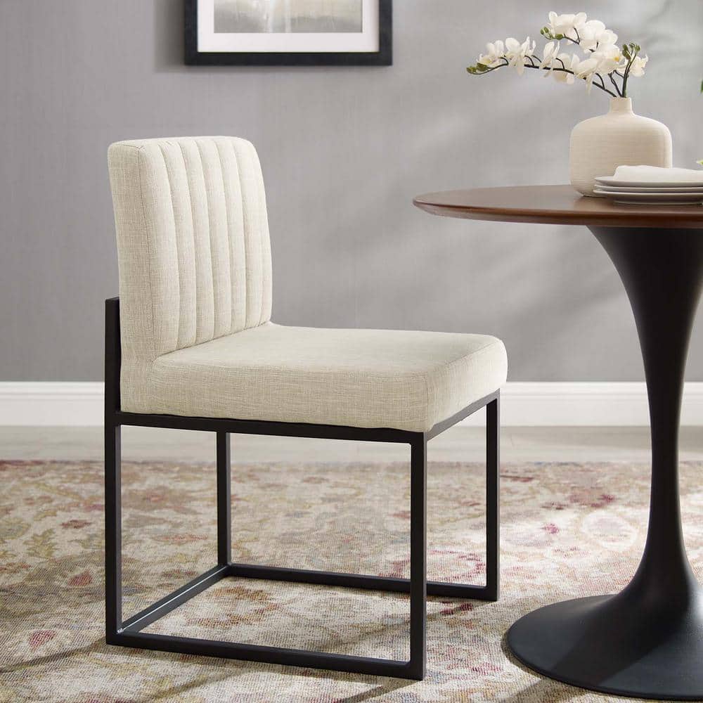 Beige Channel Tufted Upholstered Dining Chair with Black Metal Base