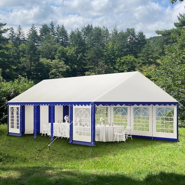 PHI VILLA 16 ft. x 32 ft. Large Outdoor Canopy Wedding Party Tent in White with Blue Stripes Removable Side Walls