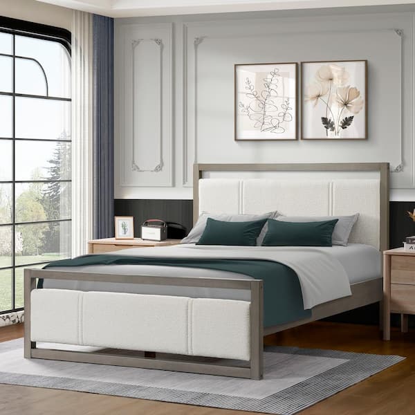 Harper & Bright Designs Gray Wood Frame King Size Platform Bed with Ivory Boucle Fabric Headboard