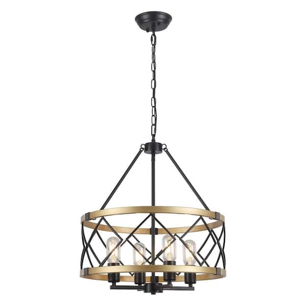 4-Light Black and Gold Drum Cage Candlestick Island Chandelier Industrial Pendant Light