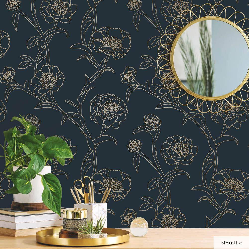 Peacock Blue and Gold Floral Peel and Stick Wallpaper