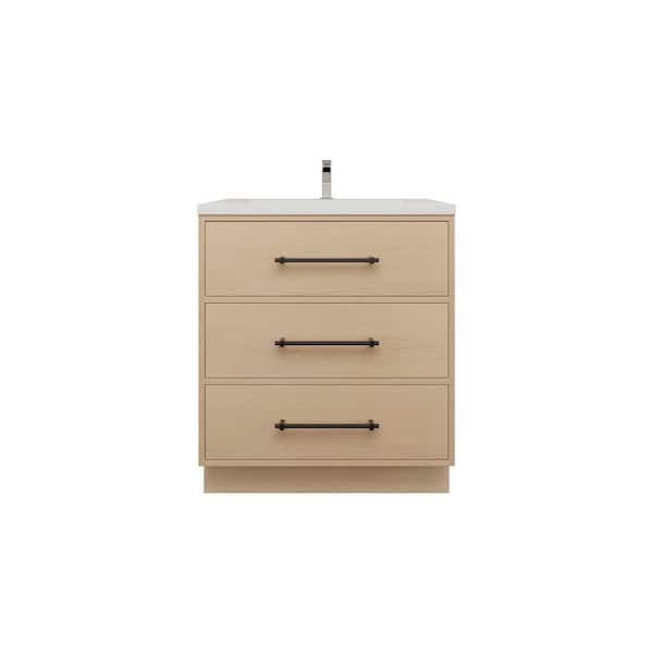 Victoria 30 in. W x 20 in. D x 35 in. H Single Sink Freestanding Bath Vanity in Yellow Oak with White Acrylic Top