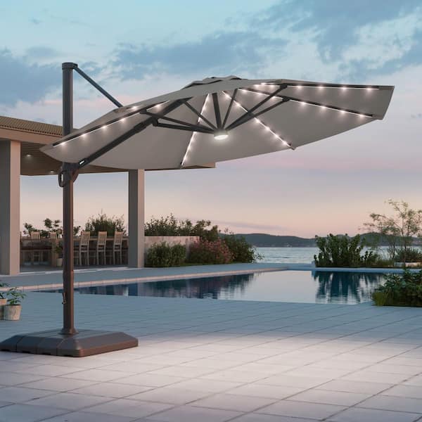 11 ft. Aluminum Cantilever Patio Umbrella with a Base, Outdoor Offset Hanging Rotation with Solar LED Lights in Grey