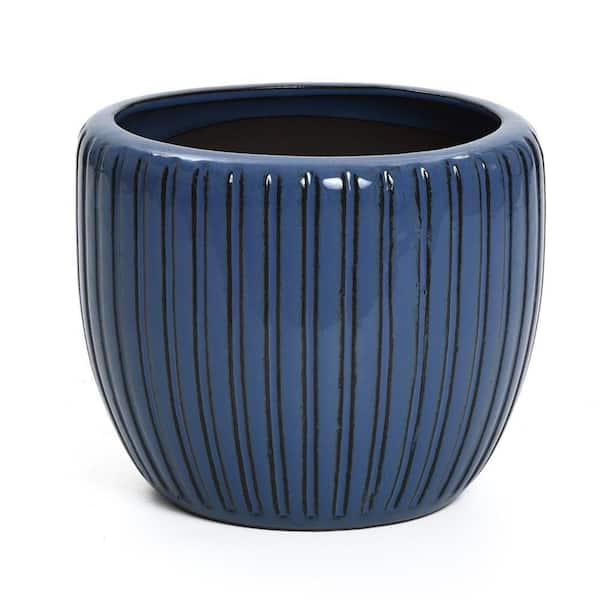 LuxenHome Blue Ceramic Ribbed Bowl Round Ceramic Decorative Floor Planter