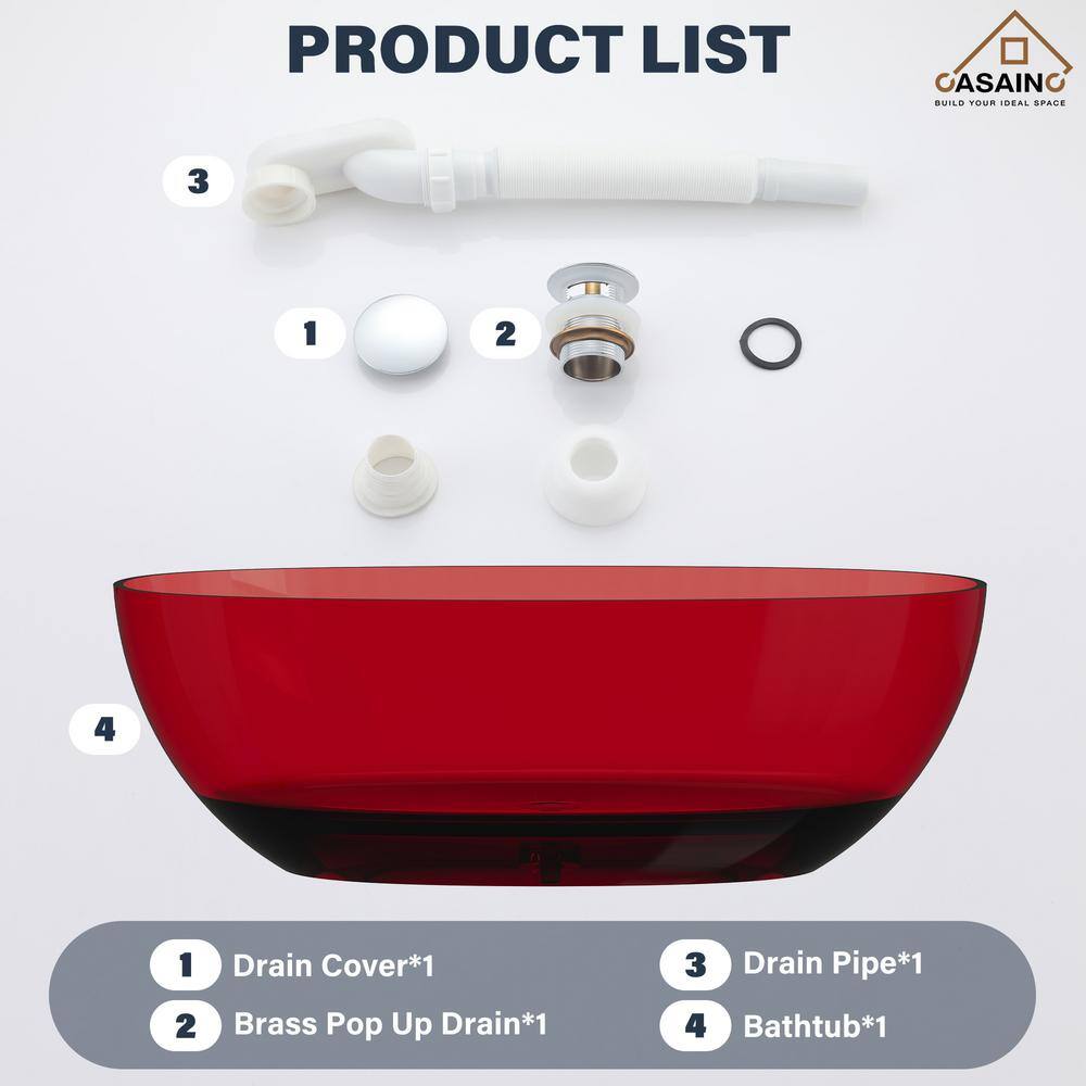 67'' Wine Red Transparent Resin Freestanding Soaking Bathtub