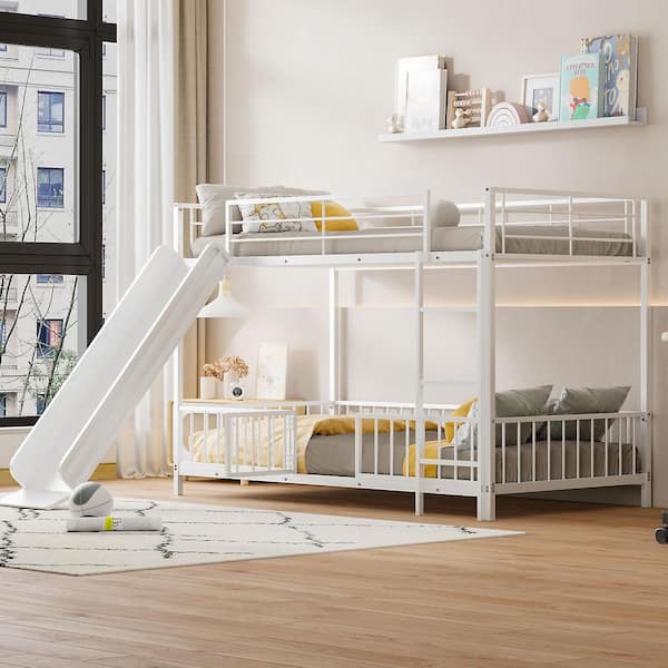 Harper & Bright Designs White Twin over Twin Metal Frame Bunk Bed with Guardrails, Door and Slide