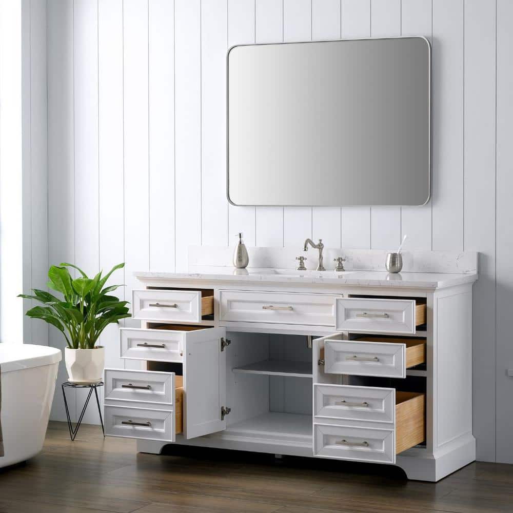 Thompson 60" White Solid Wood Single Bathroom Vanity with Engineered Stone Top