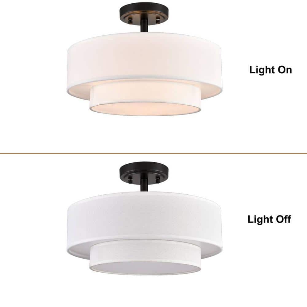 Polished Black Dual-Layer Drum Fabric Shade Semi Flush Mount Light