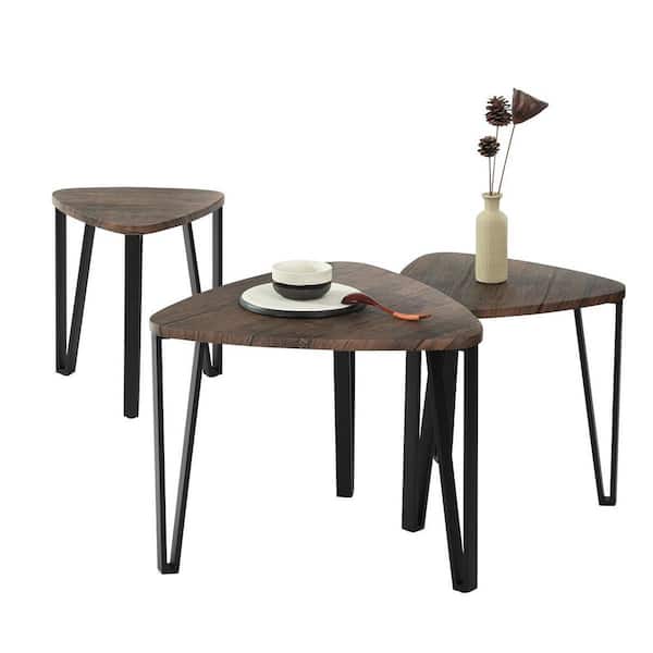 Sudzendf Vintage Brown Nesting Triangle Wood Outdoor Coffee Tables (Set of 3)