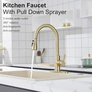 Single Handle Pull Down Sprayer Kitchen Faucet High Arc Stainless Steel Faucet with 3-Function Sprayer in Brushed Gold