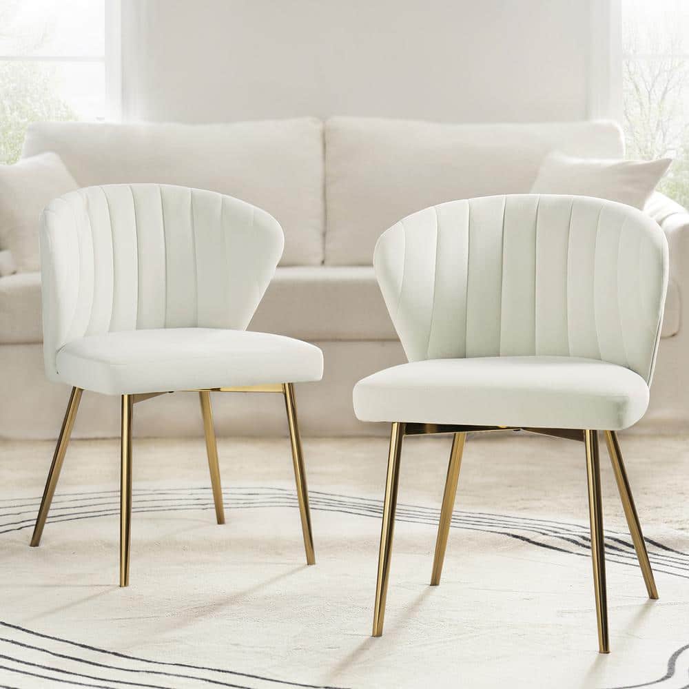 Ivory Velvet Upholstered Wingback Side Chair with Gold Metal Legs