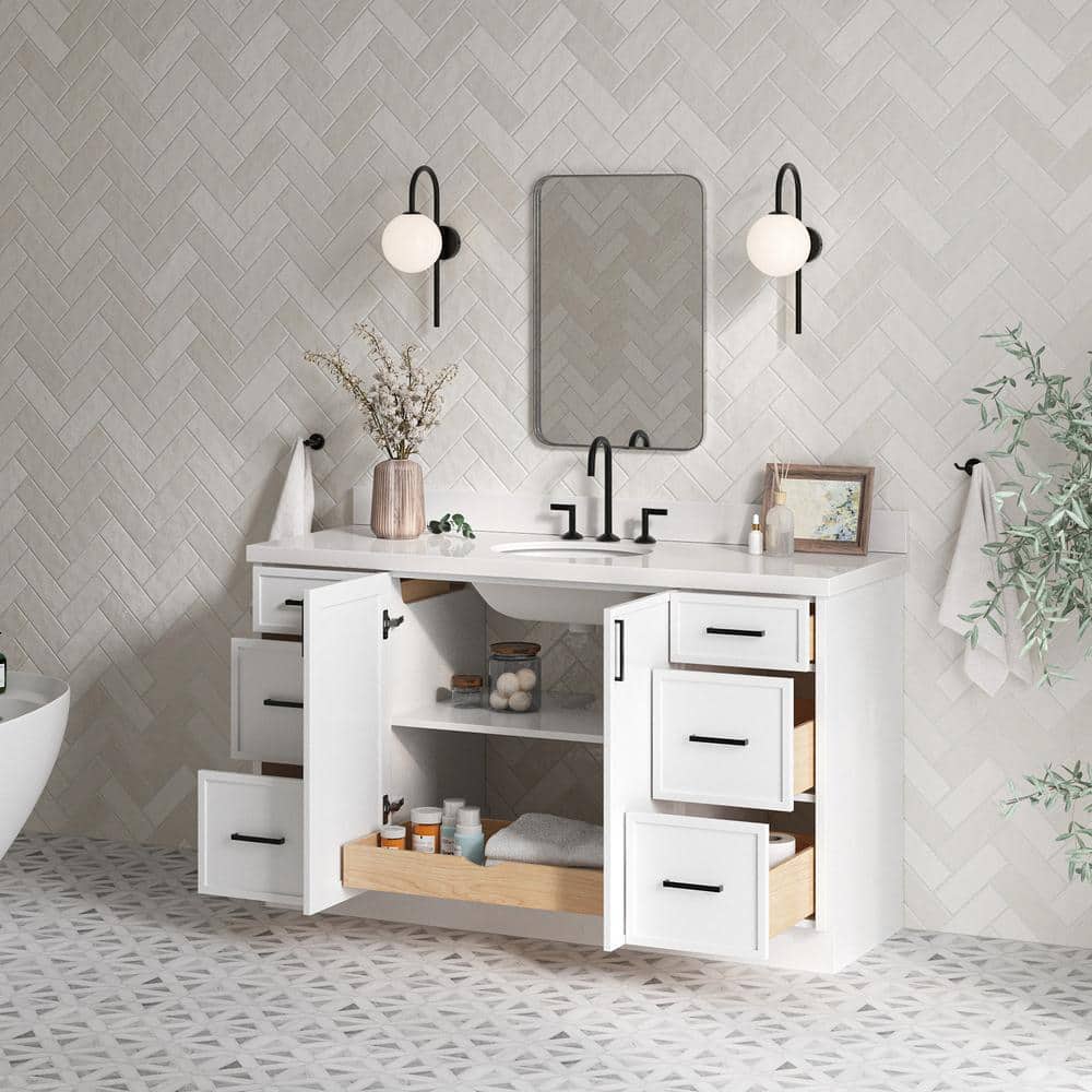 White Solid Wood and Quartz Single Sink Bathroom Vanity, 61 inches