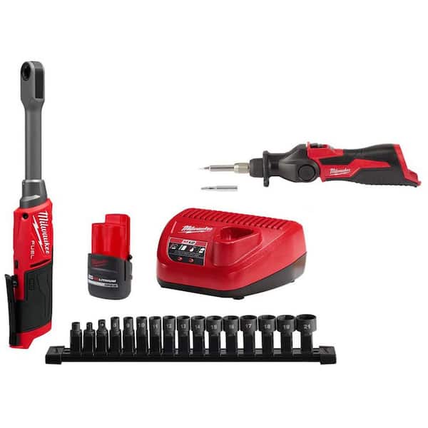 M12 FUEL INSIDER 12V Lithium-Ion Brushless 1/4-3/8 in. Extended Reach Box Cordless Ratchet Kit w/Battery &Soldering Iron