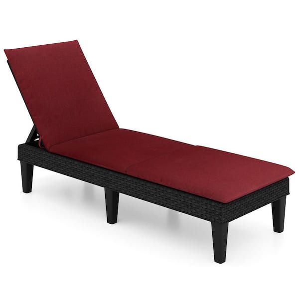 Black 1-Piece Metal and Wicker Outdoor Chaise Lounge with Red Cushions, 3-Position Adjustable Backrest