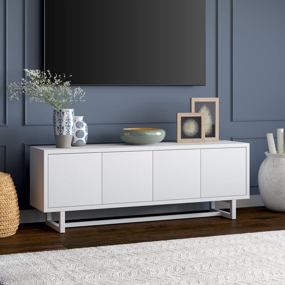 White Modern Rectangular TV Stand with Cabinets, 68"