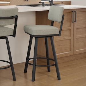 Alek 31 in. Light Beige and Grey Boucle Polyester/Black Metal High Back Swivel Bar Stool