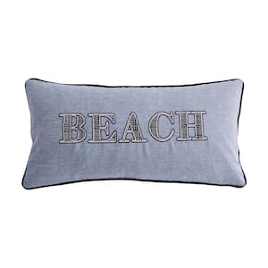 Cambria Navy, Chambray Blue and White "Beach" Embroidered Appliqued 12 in. x 24 in. Throw Pillow