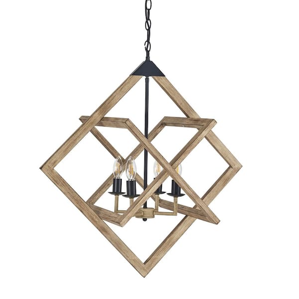 Unbranded Nature sense 4-Light Wood painted No Decorative Accents Lantern Rectangle Chandelier for Living Room No Bulbs Included