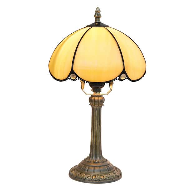 Lasaideal 14 in. Tiffany Style Bronze Finish Table Lamp with Beige Stained Glass Lamp Shade