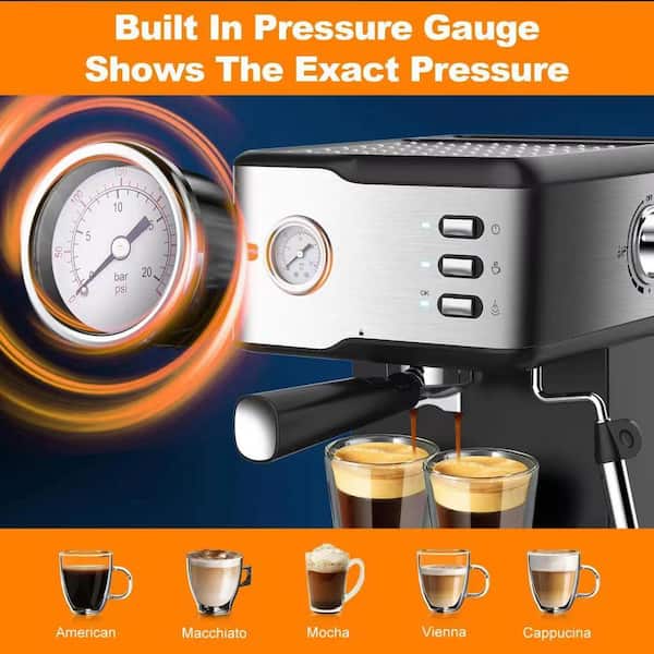 Amucolo 2-Cup Stainless Steel 20-Bar Espresso Machine with ESE Pod Filter, Milk Frother Steam Wand, Thermometer, Water Tank, Silver