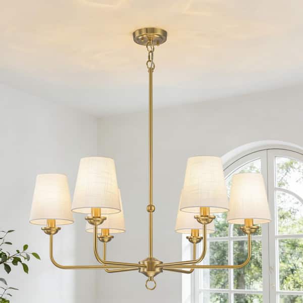 6-Light Modern Brass Chandelier with White Linen Shades for Dining Room and Living Room