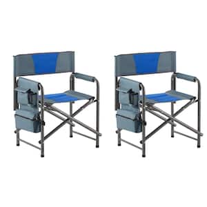 2-Piece Blue and Grey Aluminum Folding Outdoor Lawn Chairs with Side Table, Storage Pockets, Chair