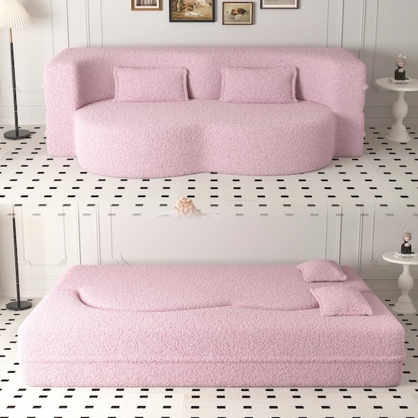 78 in Square Arm Fabric Curved 3-in-1 Sofa with Pillows, Foam-Filled Sleeper Sofa Bed ,15" Full Folding Mattress in Pink
