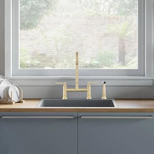 Plato Double Handle Bridge Stainless Kitchen Faucet in Brushed Gold