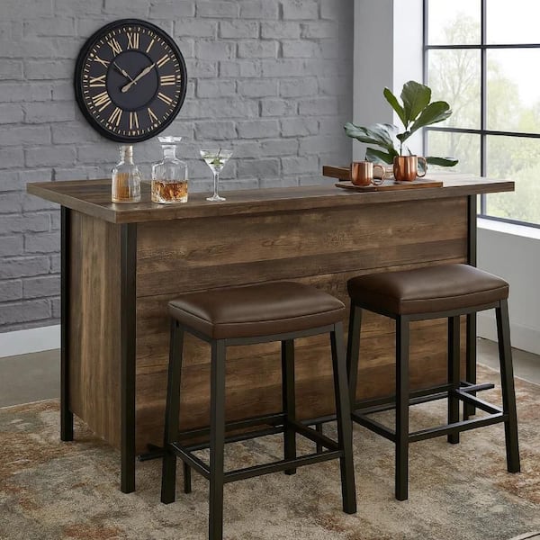 12-Bottle Brown Wood and Metal Bar Serving Unit with 2 Storage Shelves