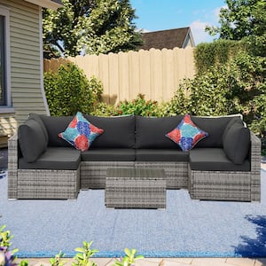 Gray 7-Piece Wicker Rattan Sectional Garden Furniture Arms Sofa with Coffee Table and Cushions Set for Patio Yard