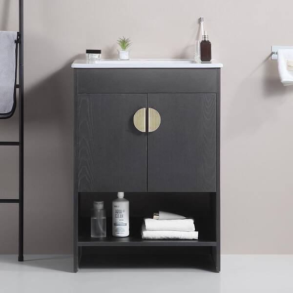 Dimakai 24 in. W Single Sinks Freestanding Bath Vanity in Black with White Ceramic Top