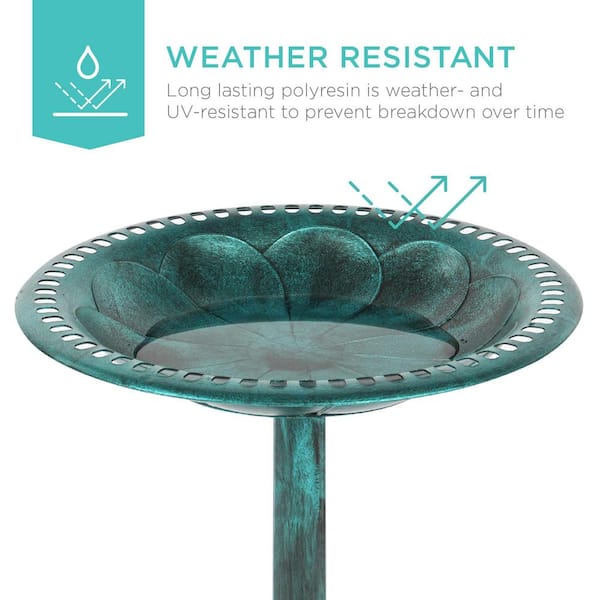 28 in. Tall Outdoor Turquoise Resin Antique Pedestal Birdbath, Vintage Outdoor Accent Decoration with Iris-Green