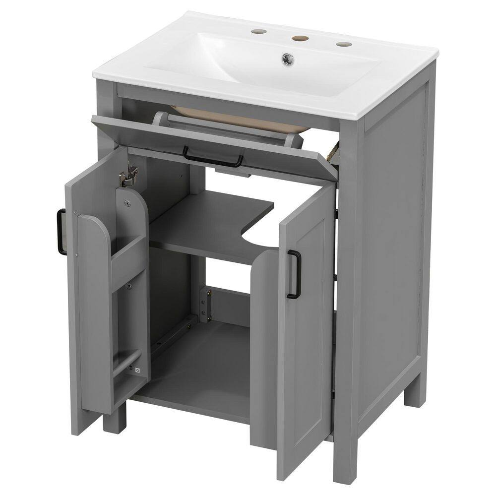 24 in. Gray Bath Vanity Combo with Ceramic Top Sink and 2 Soft Close Doors and Flip-Top Drawer,Adjustable U-Shaped Shelf price history on PriceWatchPro