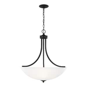 Geary Large 4-Light Midnight Matte Black Traditional Contemporary Hanging Pendant with Satin Etched Glass Shade