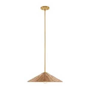 20 in. 1-Light Natural Brass Shaded Pendant Light with Natural Rattan Shade