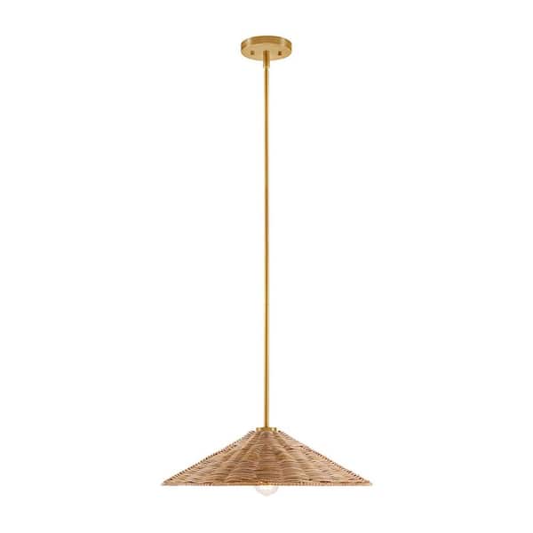 TUXEDO PARK LIGHTING 20 in. 1-Light Natural Brass Shaded Pendant Light with Natural Rattan Shade