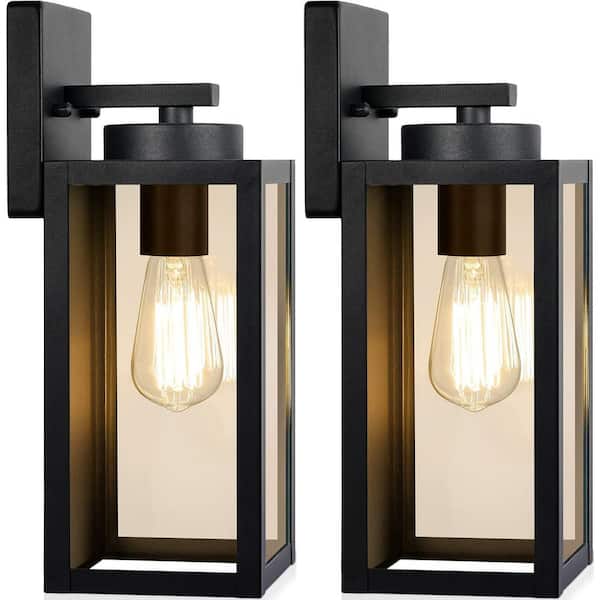 2-Pack Modern Matte Black Outdoor Wall Light Fixtures Exterior Waterproof Lanterns with E26 Sockets and Glass Shades