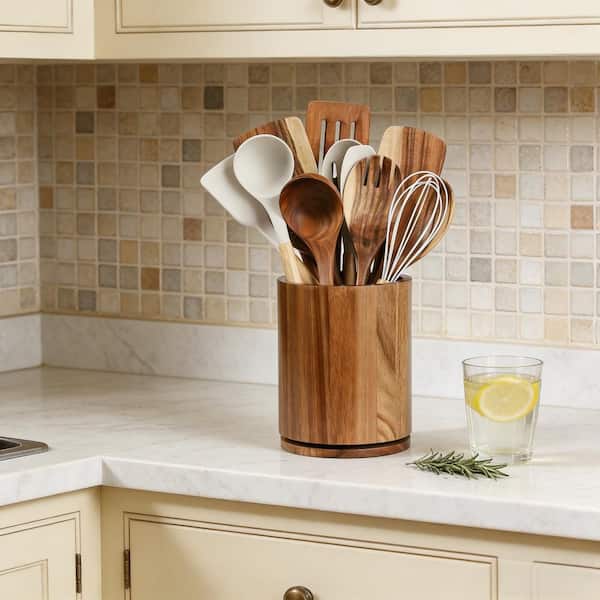 7.3 in. Brown Acacia Wood Utensil Holder with 360°Rotating for Kitchen, Kitchen Utensil Organizer, Kitchens Countertop
