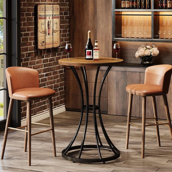 Kearsten Wooden Brown Round Bar Table with Metal Frame, 37.4 in. Tall Cocktail Table for Bars, Parties, Restaurants