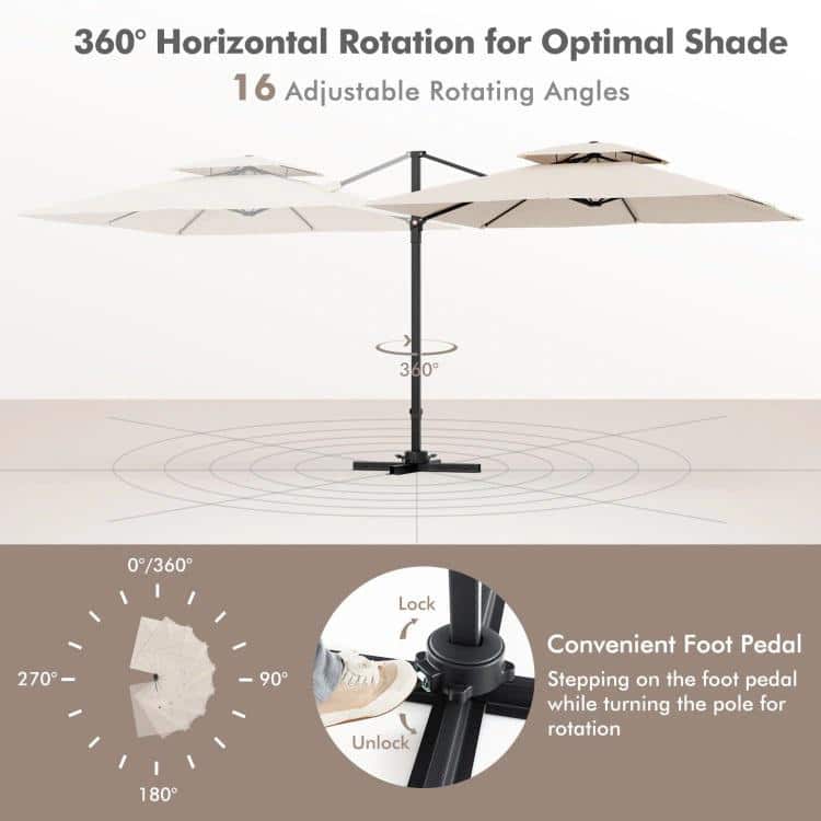 Beige 9.5FT Cantilever Patio Umbrella with 360° Rotation and Double Vented Top