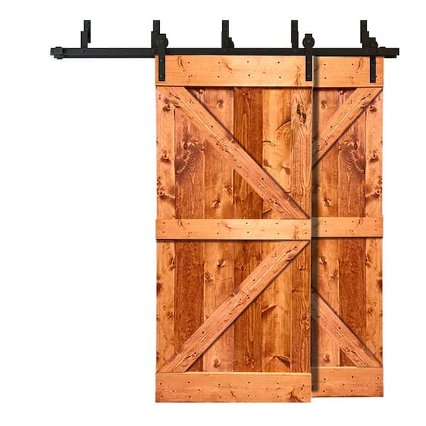CALHOME 84 in. x 84 in. K Series Bypass Red Walnut Stained Solid Pine Wood Interior Double Sliding Barn Door with Hardware Kit
