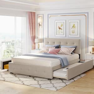 Wood Frame Queen Size Linen Upholstered Platform Bed with 2-Drawers and 1-Twin XL Trundle, Dark Beige