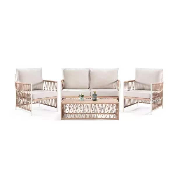 Sudzendf 4-Pieces Wicker Outdoor Patio Conversation Sectional Set with Beige Cushions