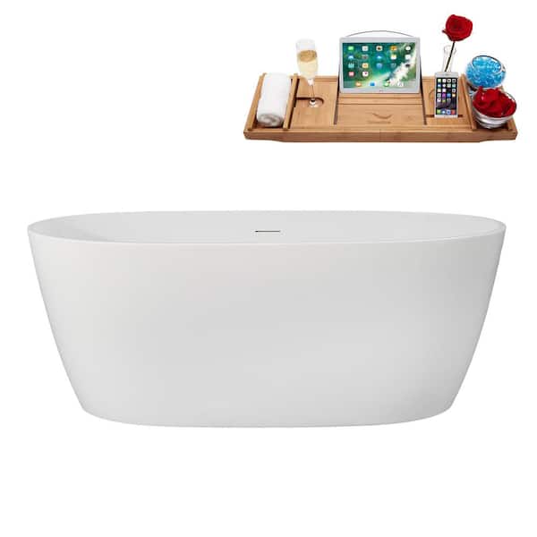 Streamline 59 in. x 29 in. Acrylic Freestanding Soaking Bathtub in Glossy White with Matte Oil Rubbed Bronze Drain, Bamboo Tray