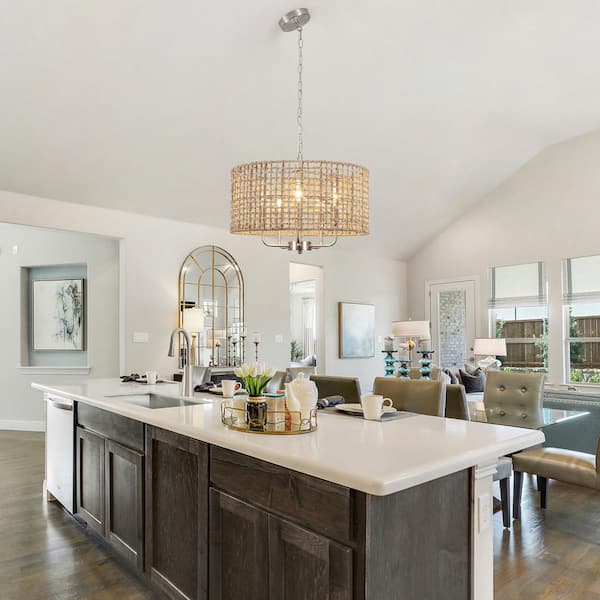18.89 in. 5-Light Nickel Bohemian Pendant Design Drum Chandelier with Natural Rattan Shade and No Bulbs Included