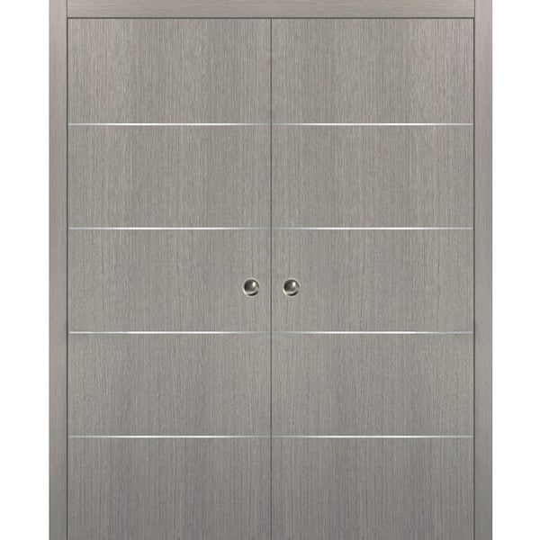 Sartodoors Planum 0020 56 in. x 80 in. Flush Grey Oak Finished WoodSliding door with Double Pocket Hardware